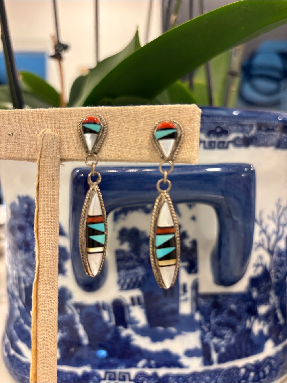Zuni Sterling Silver Inlay Drop Earrings with Turquoise & Coral Accents